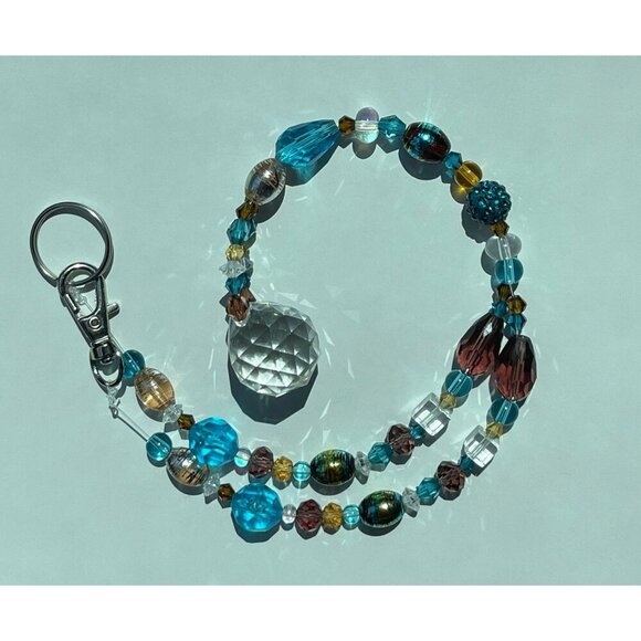 Beaded Suncatcher Rearview Mirror Ornament Blue Brown Crystal Prism Car Charm - Picture 7 of 10